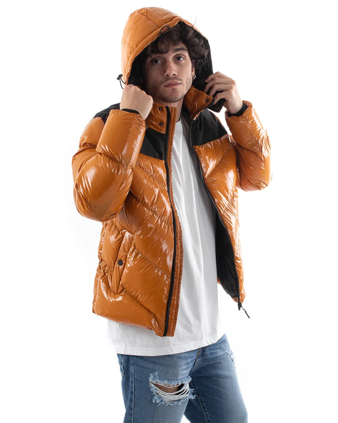 Giubbotto Uomo Bomber Lucido Fascia Opaca Senape Tinta Unita Vernice Cappuccio GIOSAL-G3017A