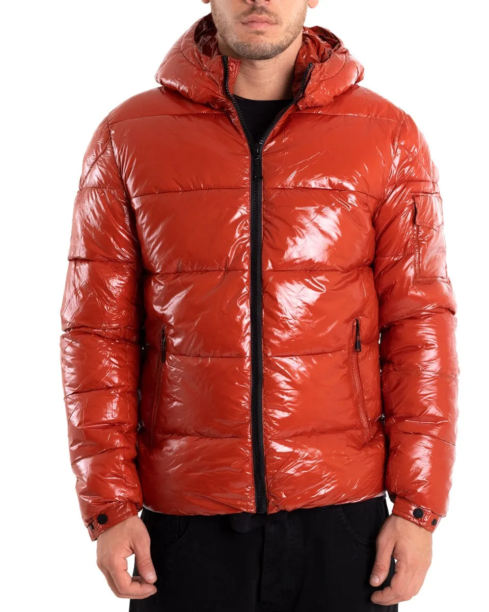 Giubbotto Uomo Bomber Lucido Vernice Cappuccio Tinta Unita Rosso GIOSAL-G2622A